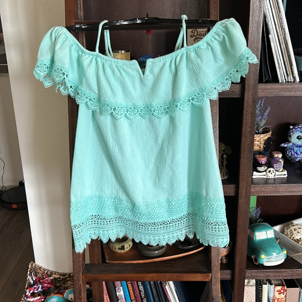 Mint Green Lace Trim Off-Shoulder Top